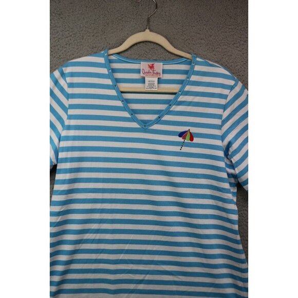 Quaker Factory Striped Short Sleeve Blouse-Embroidered-Rhinestones-Medium - Picture 3 of 11